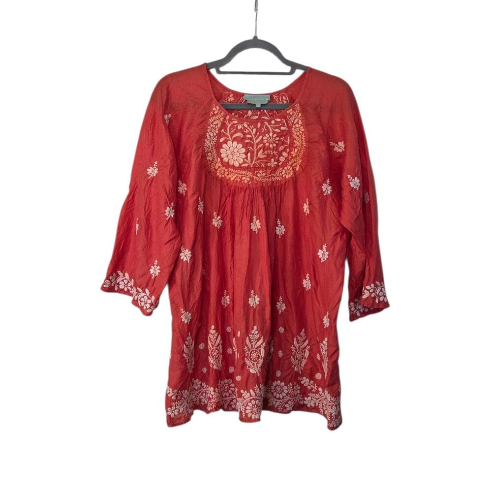 Leaves Of Grass New York Hand Embroidered 100% Silk Boho Luxe Blouse, Size XL